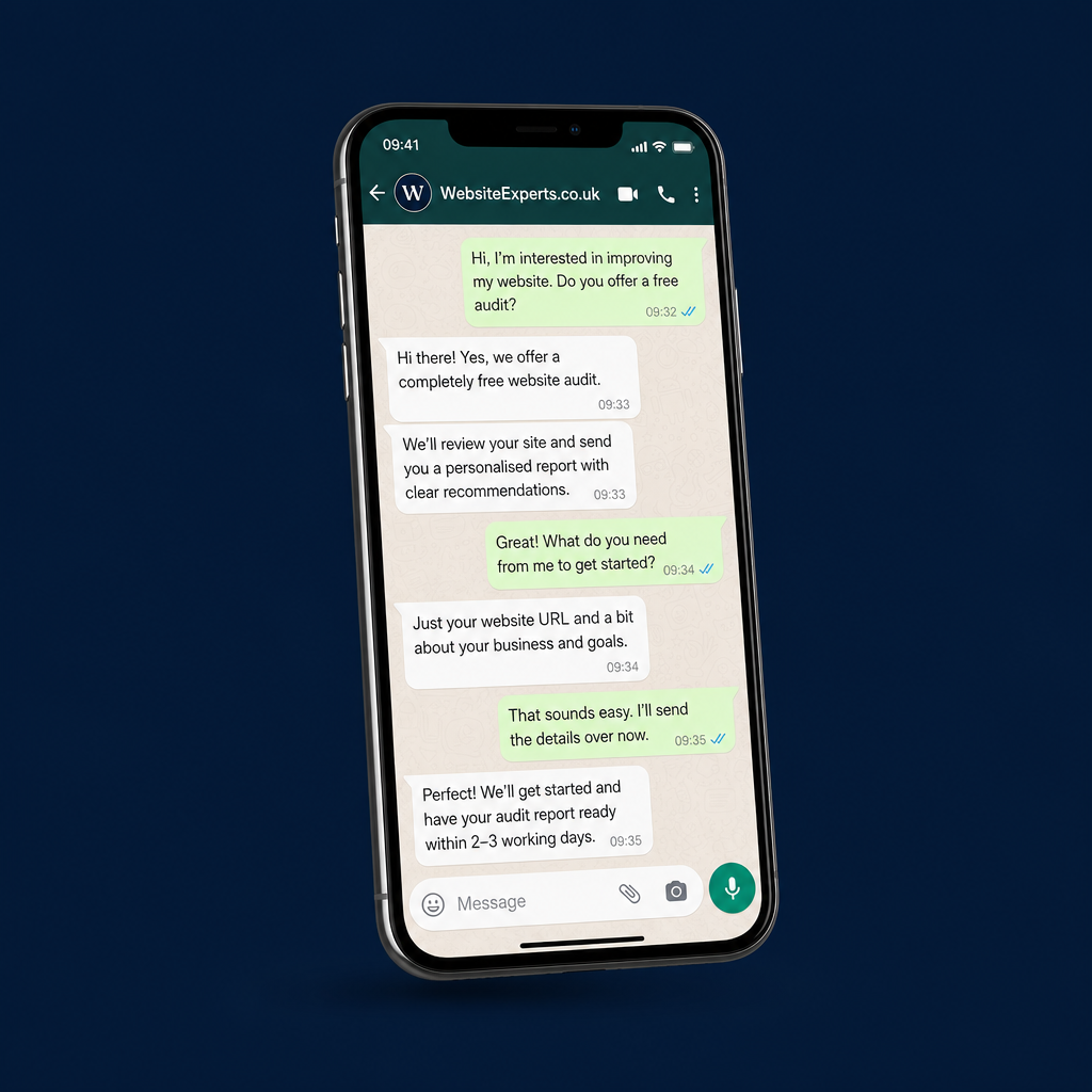 WhatsApp website audit conversation on a smartphone